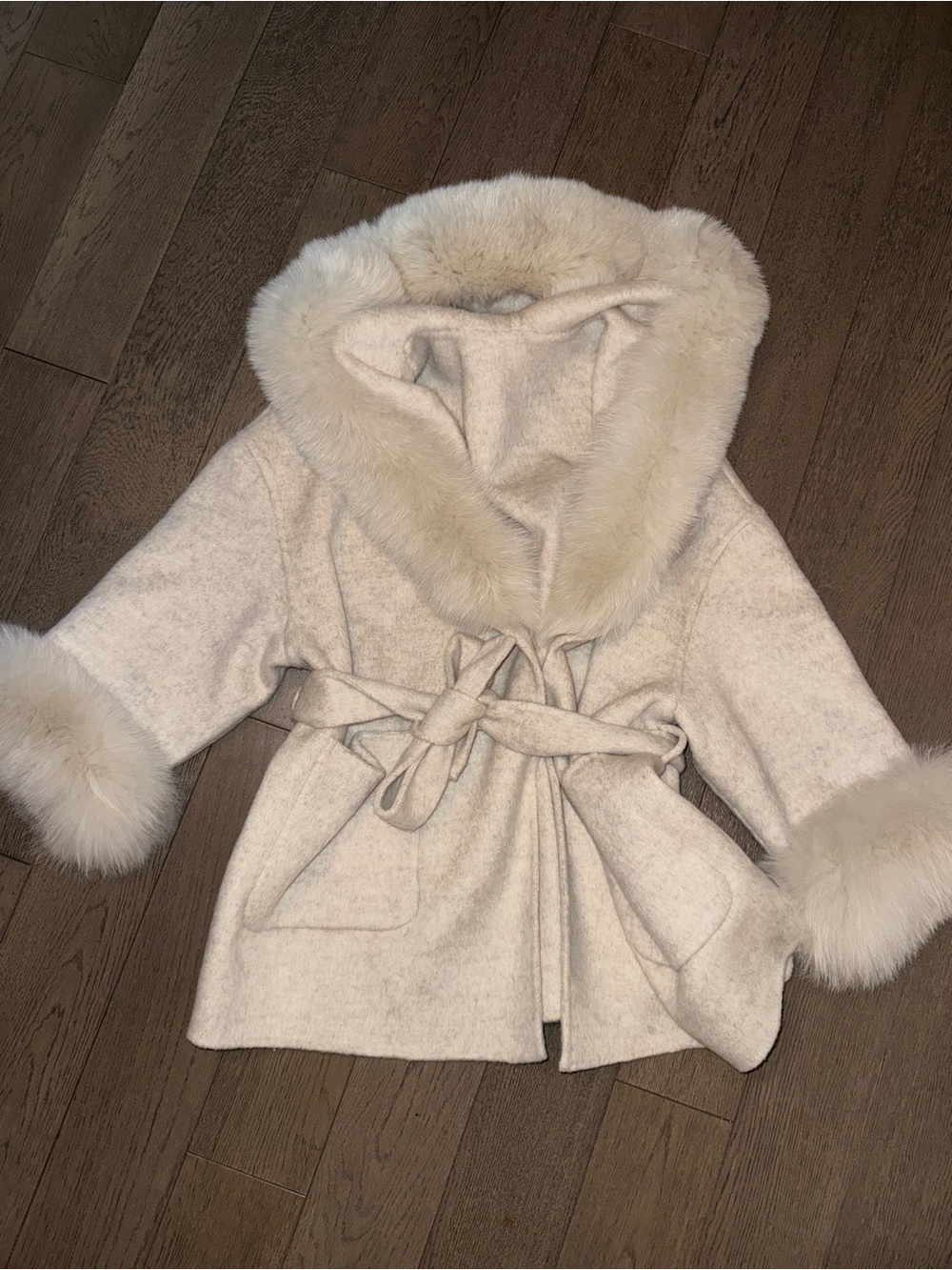 Cream Hooded Coat with Fox Fur Trim